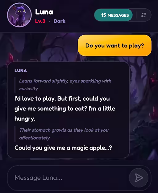 Luna the virtual pet chatting on a cozy Telegram game screen